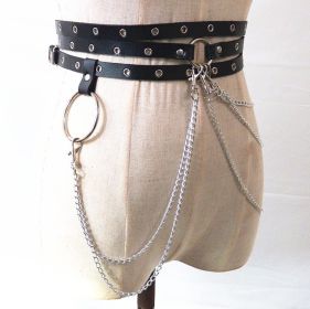 2021 New Punk Gothic Faux Leather Belt Metal Chain Ring Waist Strap Street Dance Decor (Color: SYLE2 Black)