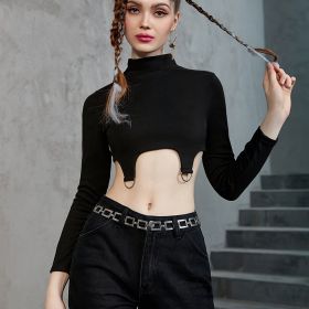 Stylish Skinny Stretchy Top, Long Sleeve Turtle Neck Solid Top, Casual Every Day Tops, Women's Clothing (Color: black, size: M(6))