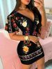 Vintage Floral Print Dress, Casual V Neck Short Sleeve Bag Hip Dress, Women's Clothing